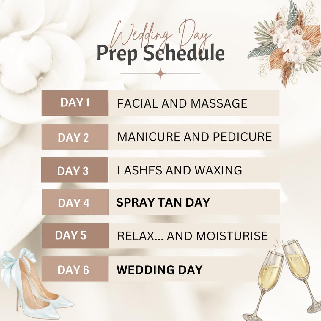 Colour Me Bronze Wedding Day Prep schedule Colour Me Bronze Wedding Day Prep schedule