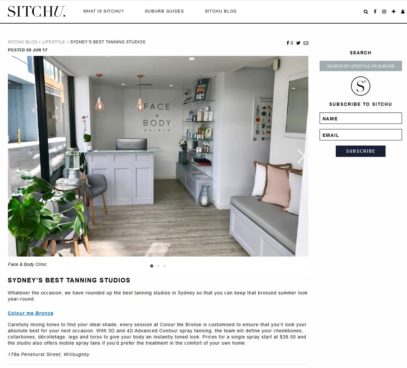 Blog by Sitchu about the best tanning studio's in Sydney. Colour Me Bronze was mentioned as one of the top places in Sydney. Blog by Sitchu about the best tanning studio's in Sydney. Colour Me Bronze was mentioned as one of the top places in Sydney.