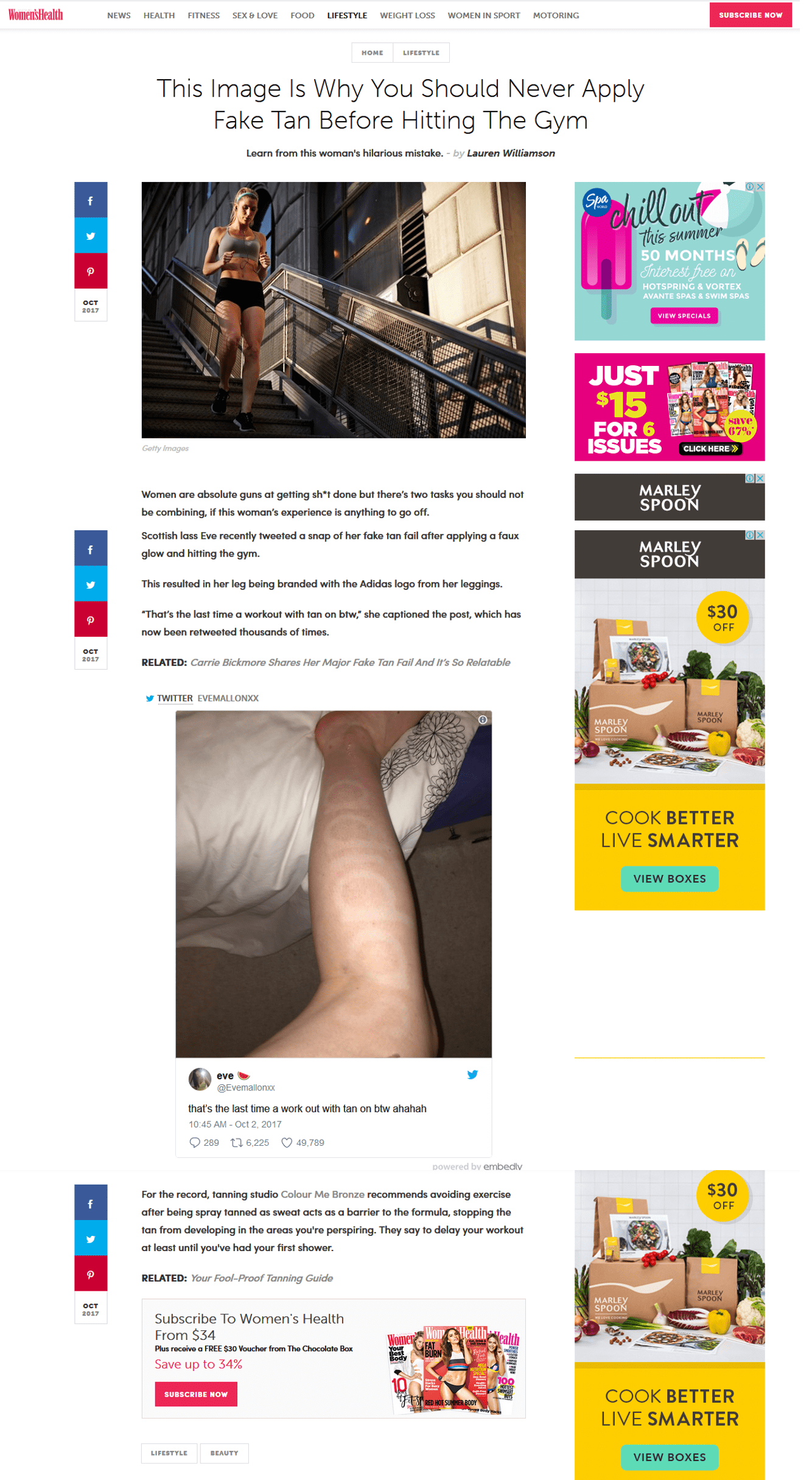 Women's Health Magazine article featuring Colour Me Bronze Article by Womens Health on Why you should never apply fake tan before hitting the gym. Colour Me Bronze has been quoted in the article.