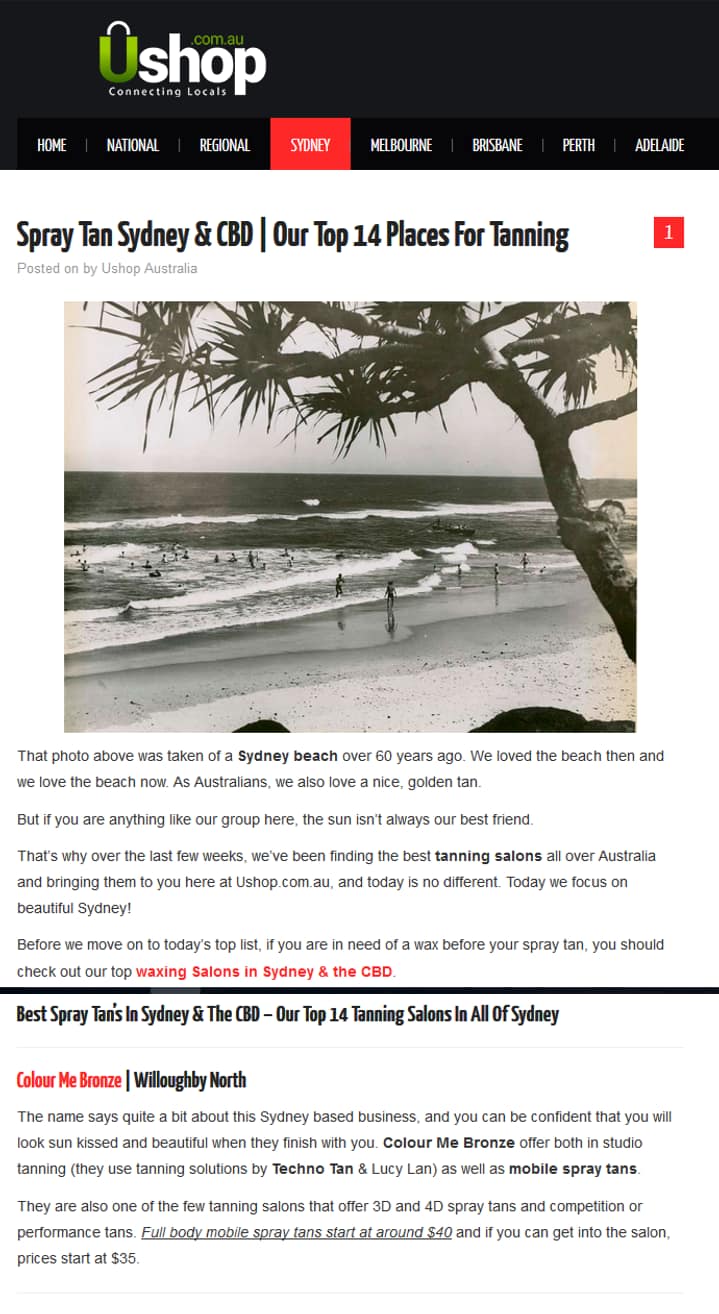 Article where Colour Me Bronze is named as one of the best spray tan places in Sydney. Article where Colour Me Bronze is named as one of the best spray tan places in Sydney.